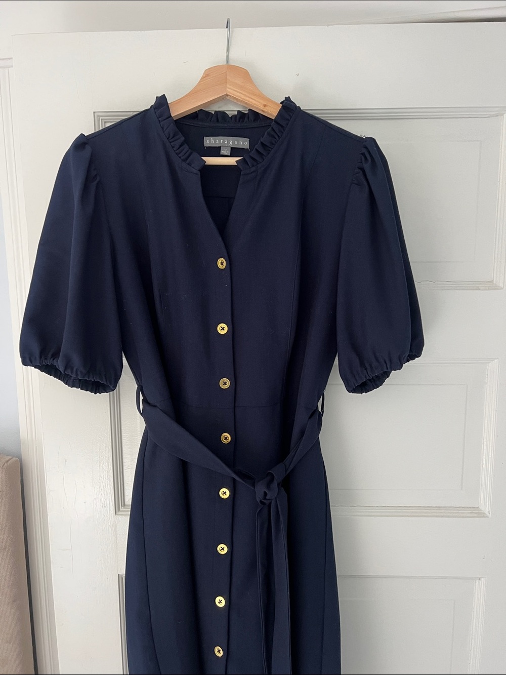 Sharagano Navy Midi Dress with Puff Sleeves and Gold Buttons Belted